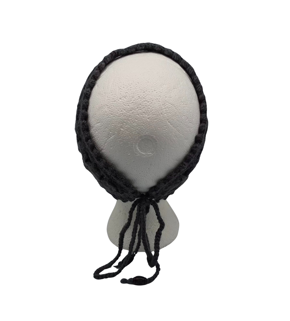 A dark charcoal crocheted headband with a lace pattern and drawstring ties, displayed on a white mannequin head.