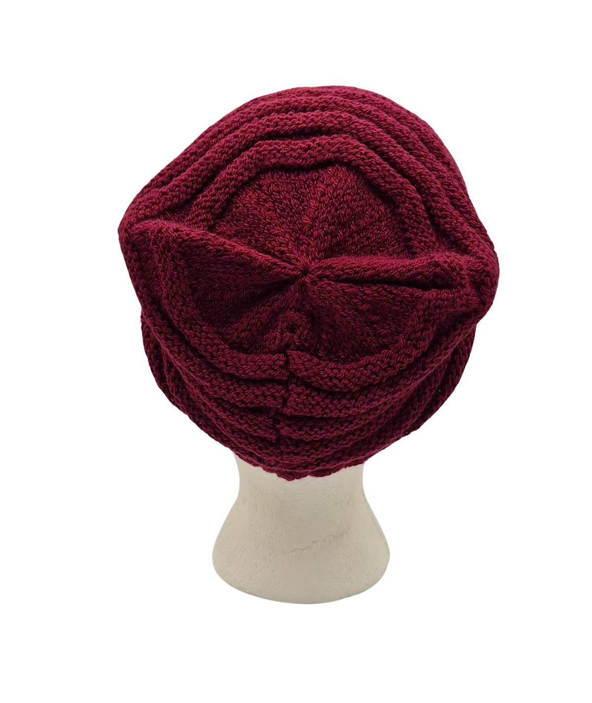 A chunky knit slouchy beanie hat in deep burgundy, displayed on a white mannequin head.