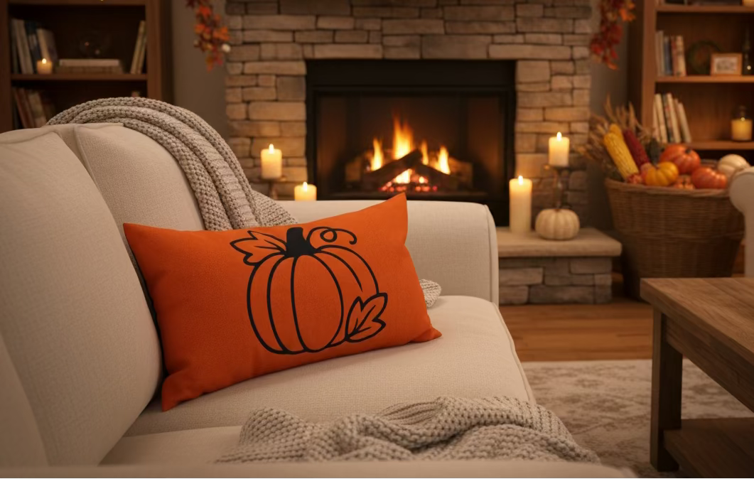 An orange rectangular throw pillow featuring a black vinyl pumpkin design on the front.