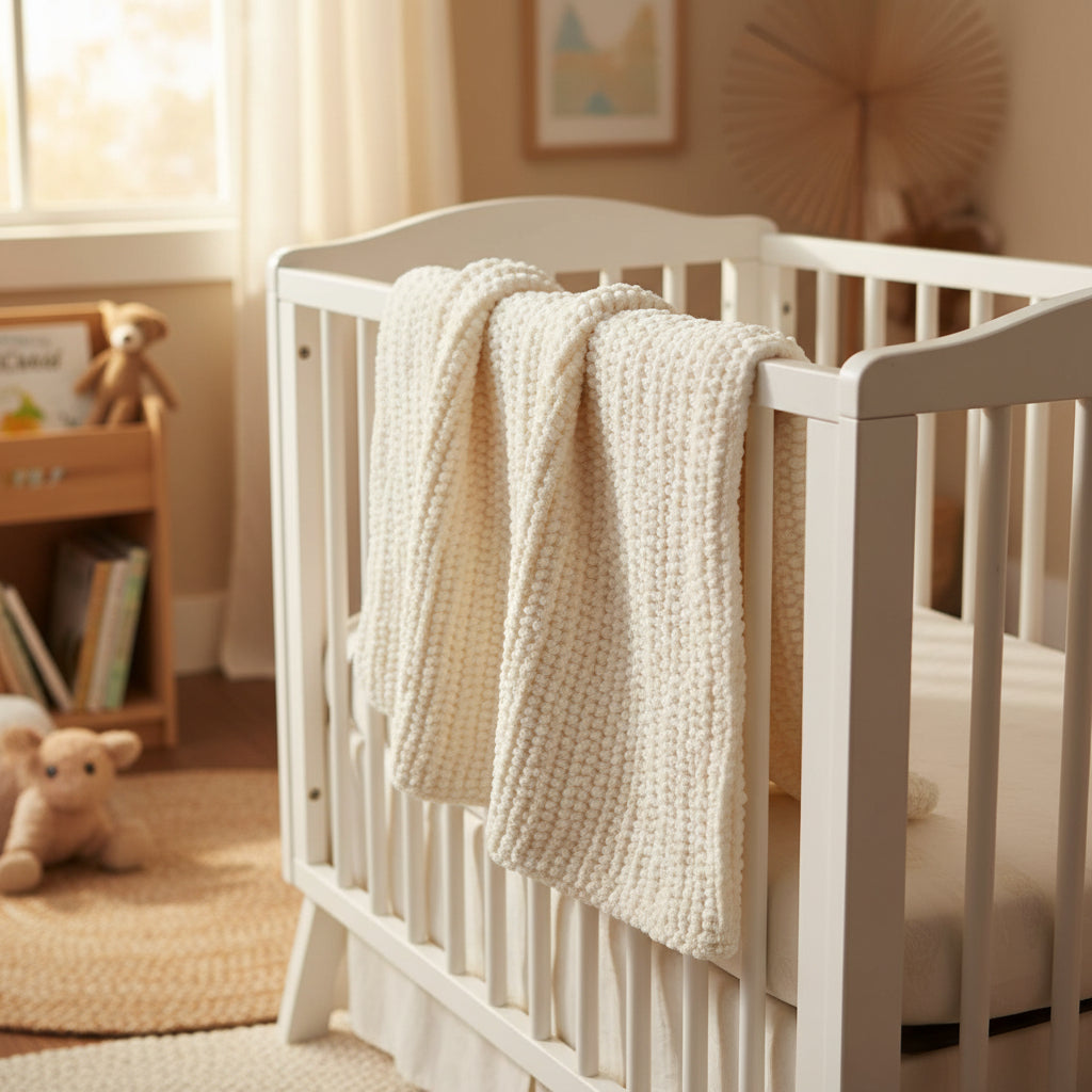A rolled cream-colored crochet blanket with a chunky textured pattern.