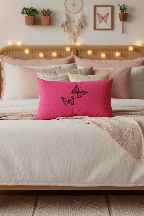 A bright pink rectangular throw pillow with two black embroidered butterflies on the front, displayed against a neutral gray background.