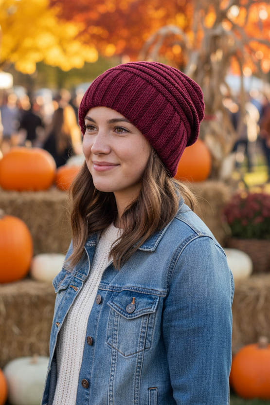 A burgundy ribbed knit slouchy beanie hat displayed on a woman's head in a pumpkin market.