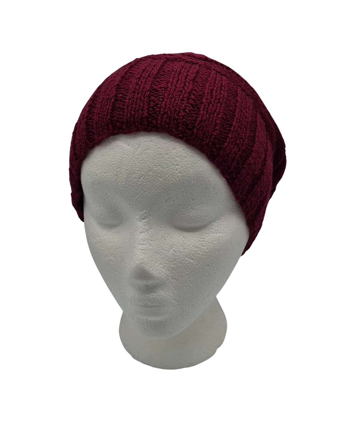 A burgundy ribbed knit slouchy beanie hat displayed on a white mannequin head.