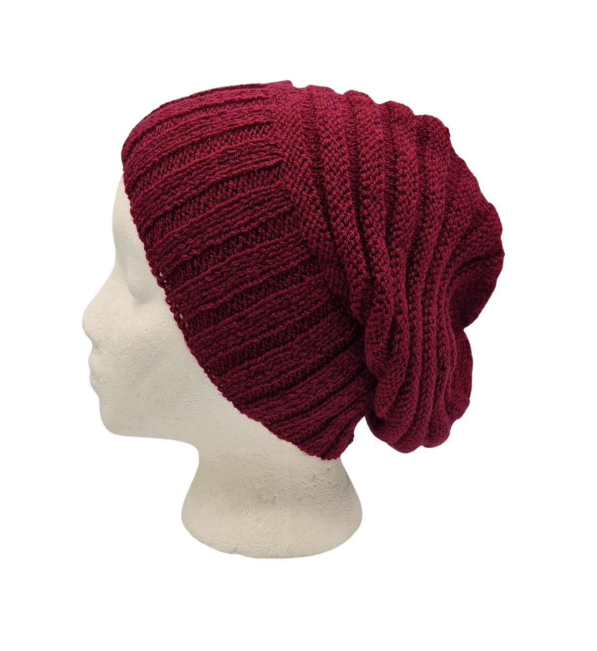 A deep burgundy knit slouchy beanie hat displayed on a white mannequin head.