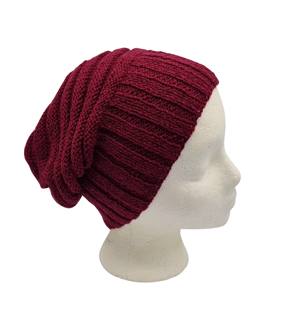 A burgundy ribbed knit slouchy beanie hat displayed on a white mannequin head.
