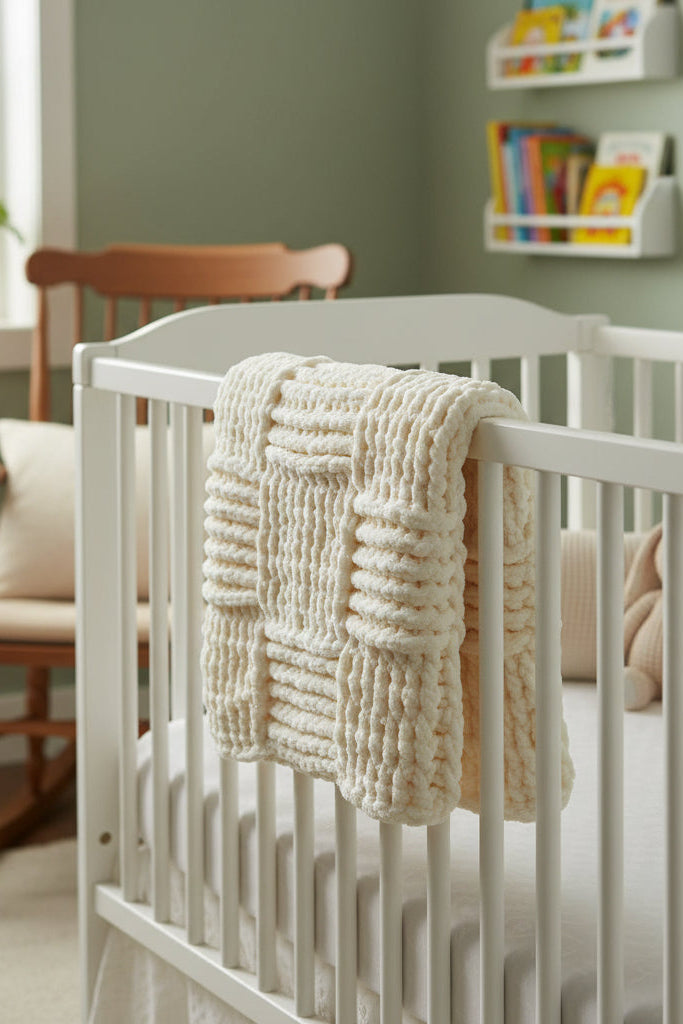A folded chunky crocheted blanket in a warm cream color, showing a textured basket-style weave.