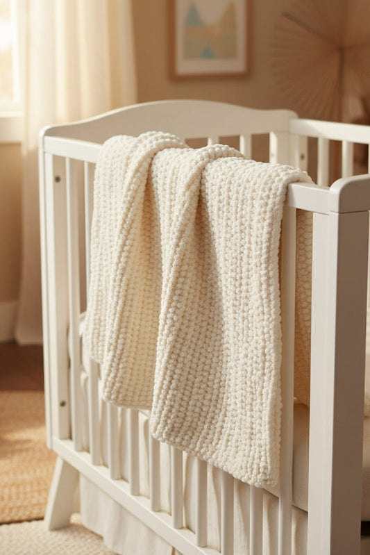 A cream-colored chunky crocheted baby  blanket with a textured bumpy stitch pattern.