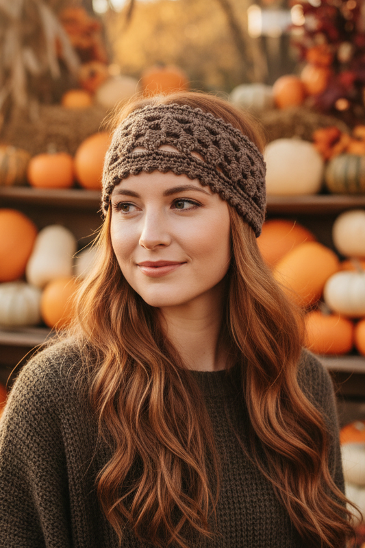 A dark brown crocheted headband with a lace-like pattern and side ties, displayed on a woman's head in a pumpkin market.