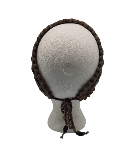 A dark brown crocheted headband with side ties, displayed on a white mannequin head.