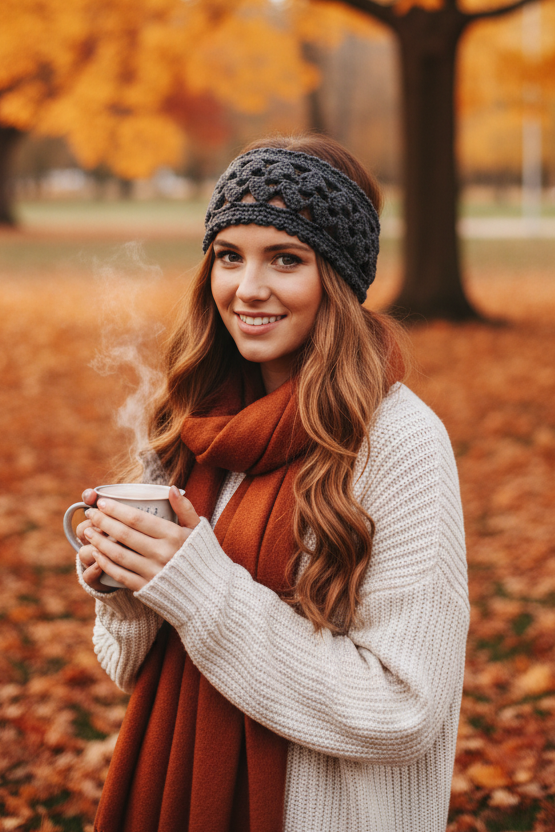 A dark charcoal gray crocheted headband with a large openwork pattern and tie strings, displayed on a woman's head in the park. 