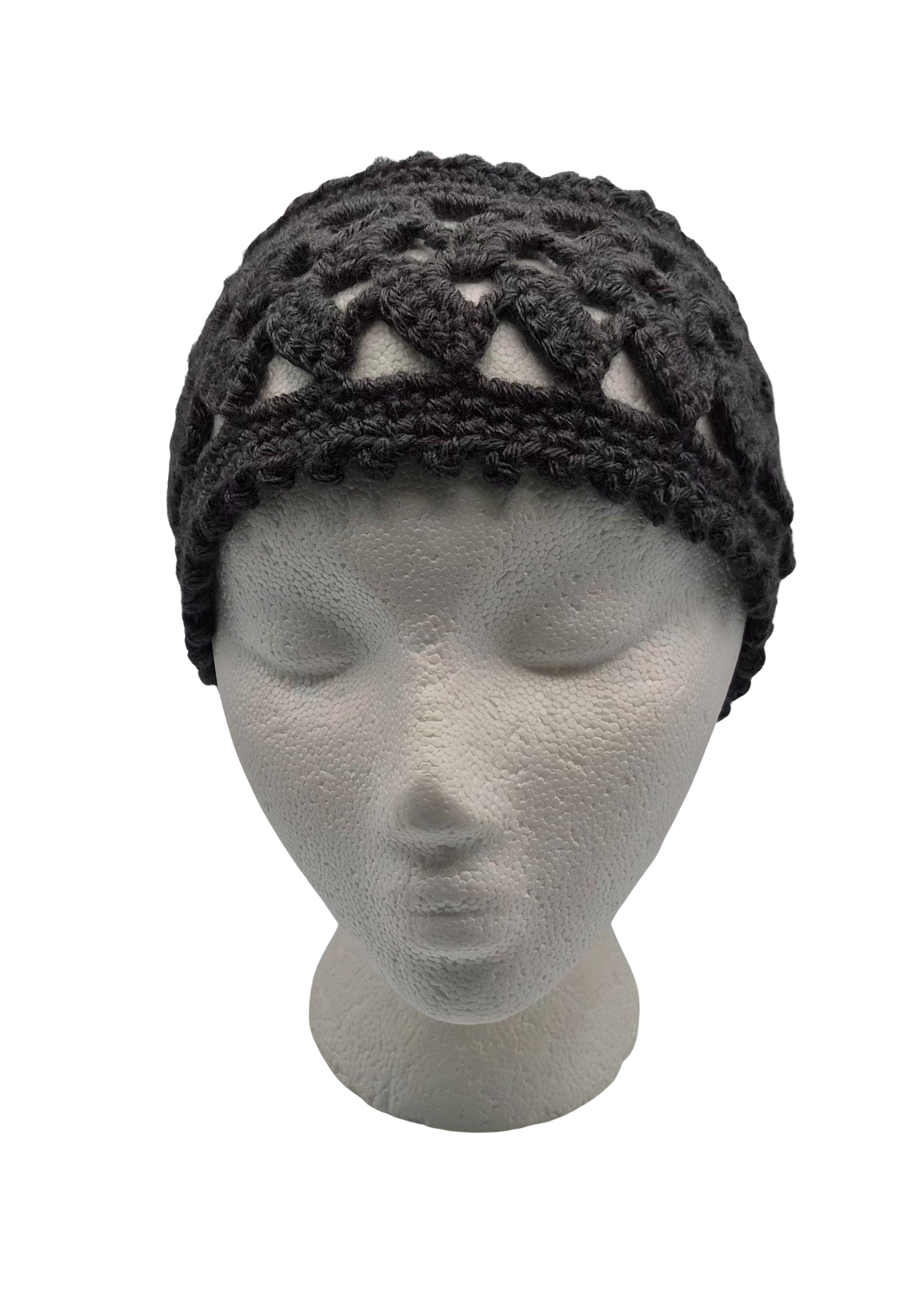A dark charcoal crocheted headband with a lace pattern and drawstring ties, displayed on a white mannequin head.