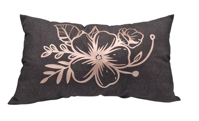 A rectangular dark charcoal gray throw pillow featuring a rose gold floral line art design on the front.