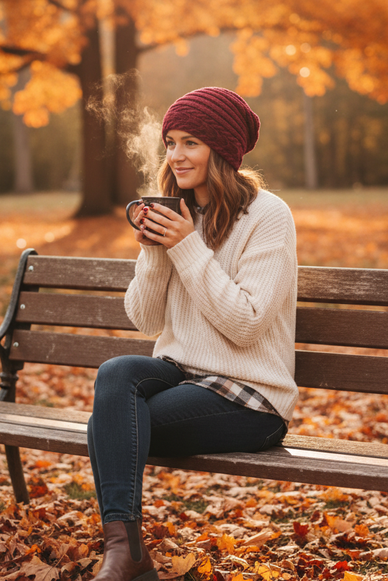 A deep burgundy knit slouchy beanie hat displayed on a woman's head sitting on the bench in the park.