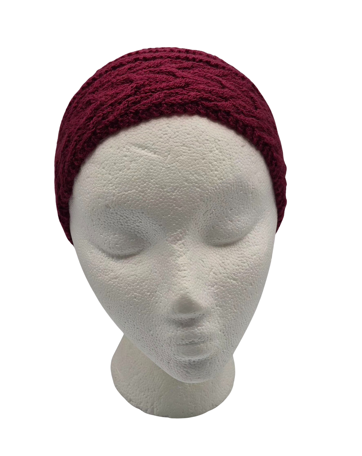 A deep burgundy knit slouchy beanie hat displayed on a white mannequin head.