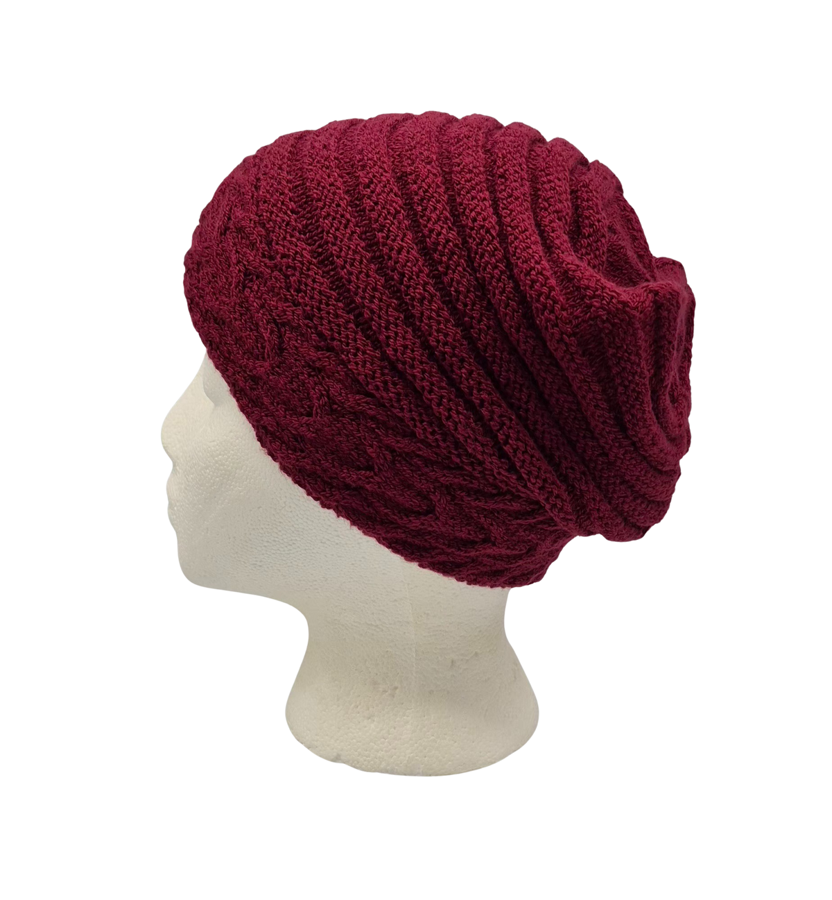 A deep burgundy knit slouchy beanie hat displayed on a white mannequin head.