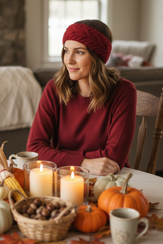 A deep red cable-knit headband displayed on a woman's head sitting at a table.