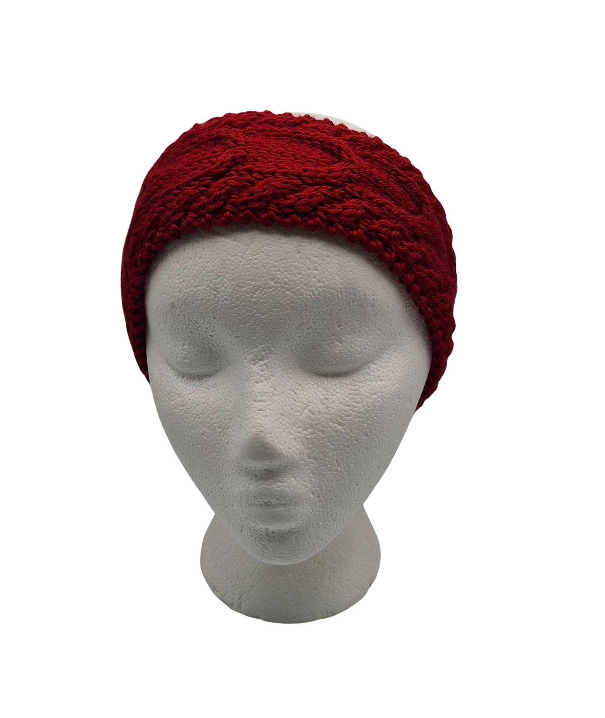 A deep red knitted headband with a textured cable pattern, displayed on a white styrofoam mannequin head.