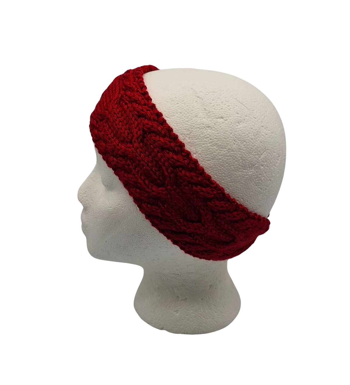 A deep red cable-knit headband displayed on a white mannequin head.