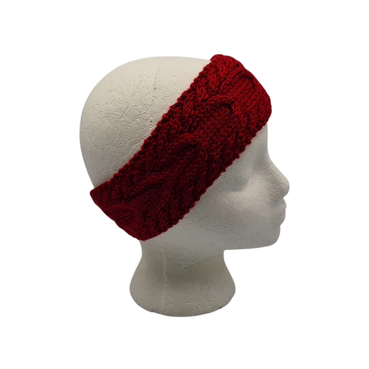 A deep red cable-knit headband displayed on a white mannequin head. 