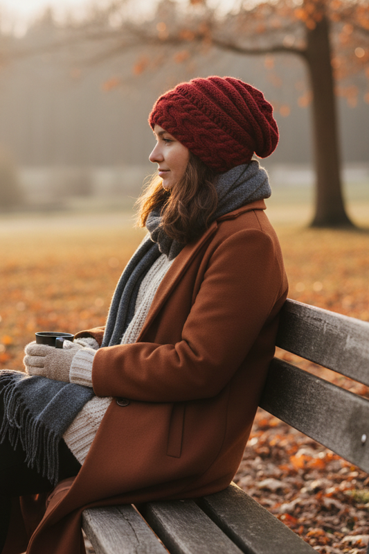 A deep red cable-knit slouchy beanie hat displayed on a woman's head sitting on a bench in the park.