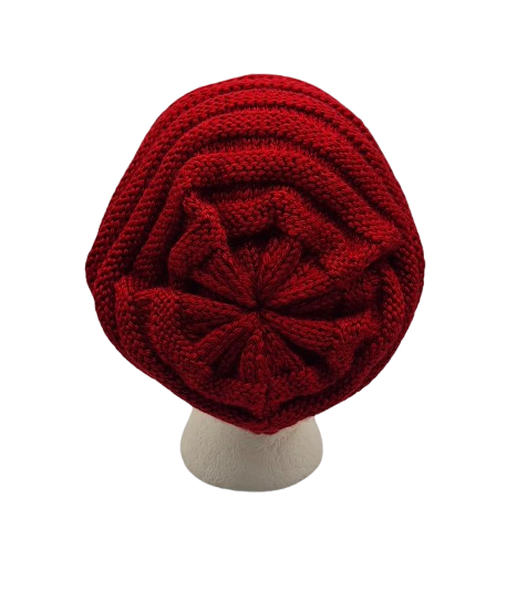 A deep red chunky-knit slouchy beanie hat displayed on a white mannequin.