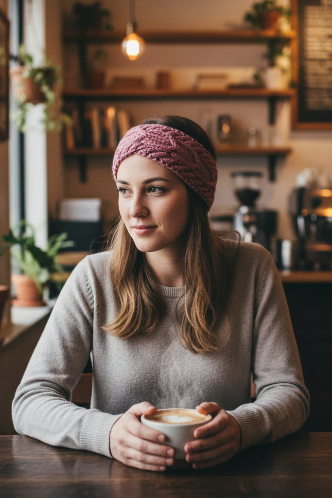 A dusty rose cable-knit headband displayed on a woman's head sitting at the table. 