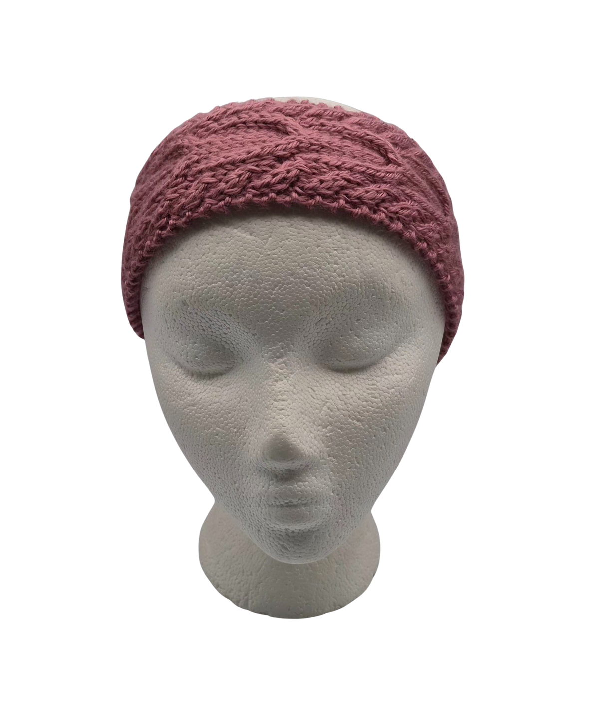 A dusty rose  knitted headband displayed on a white mannequin head.