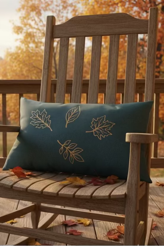 A rectangular green throw pillow featuring four gold vinyl leaf designs, displayed on a rocking chair on the porch.