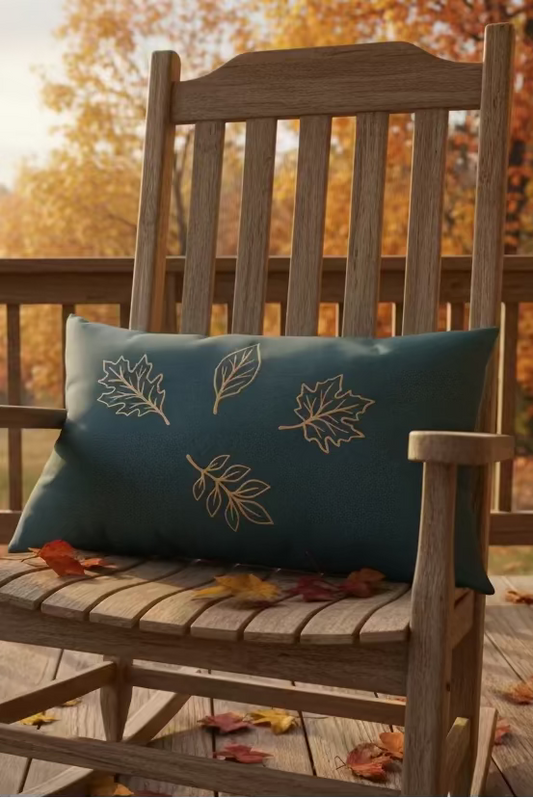 A rectangular green throw pillow featuring four gold vinyl leaf designs, displayed on a rocking chair on the porch.