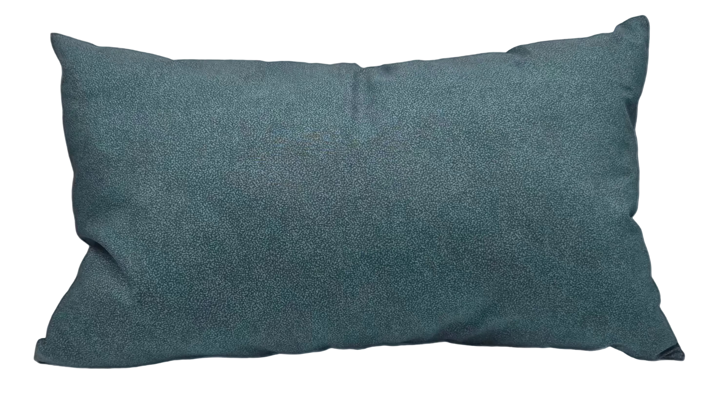 A rectangular lumbar pillow in a textured green fabric.