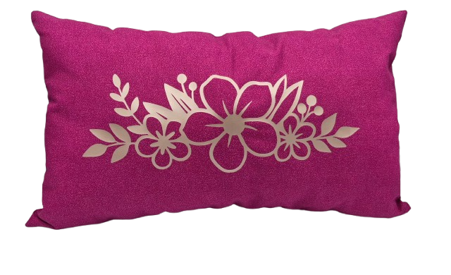 A rectangular magenta throw pillow with a vinyl floral pattern printed on the front.