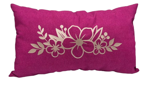 A rectangular magenta throw pillow with a vinyl floral pattern printed on the front.