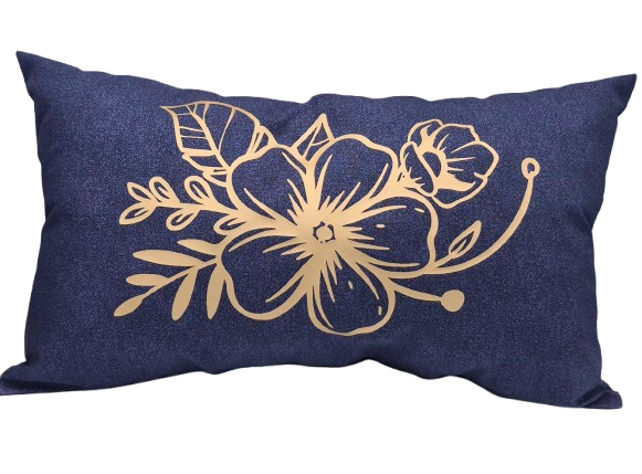 A rectangular navy blue throw pillow featuring a gold floral vinyl design on the front.