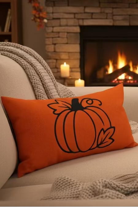 An orange rectangular throw pillow with a black pumpkin vinyl printed on the front, displayed on a sofa near the fireplace.