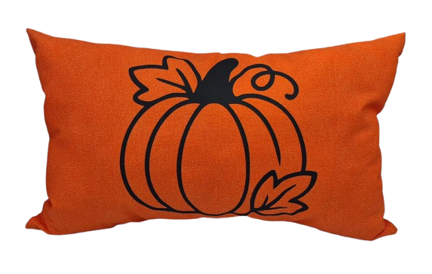An orange rectangular throw pillow with a black pumpkin vinyl printed on the front.