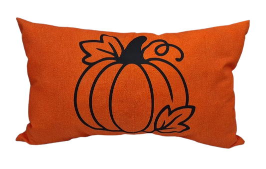 An orange rectangular throw pillow with a black pumpkin vinyl printed on the front.