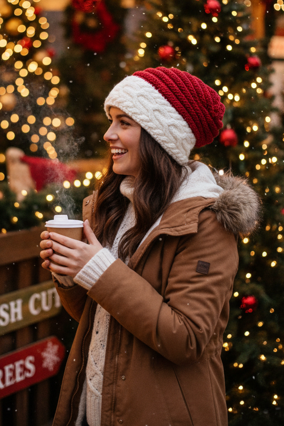 A red and white cable ribbed-knit slouchy beanie hat displayed on a woman's head in a Christmas market.