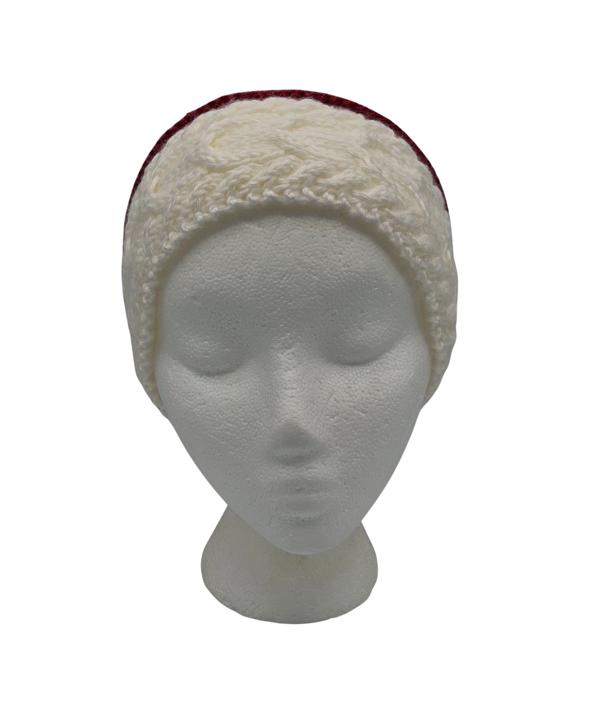 A red and white cable ribbed-knit slouchy beanie hat displayed on a white mannequin head.