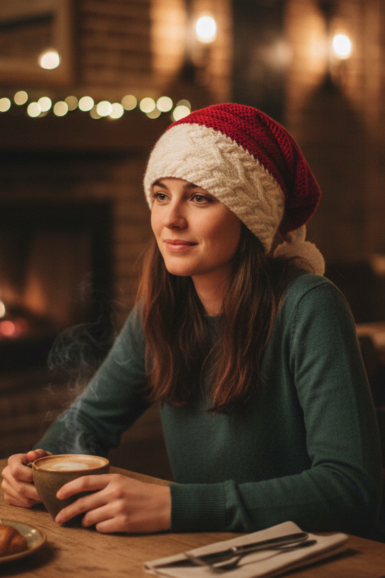 A red and white knit hat slouchy beanie with pom-poms, displayed on a woman's head sitting at a table in a restaurant.