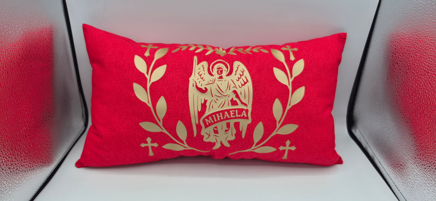 Small Décor Red Pillow – Archangel with Banner, Leaves & Crosses Vinyl Design